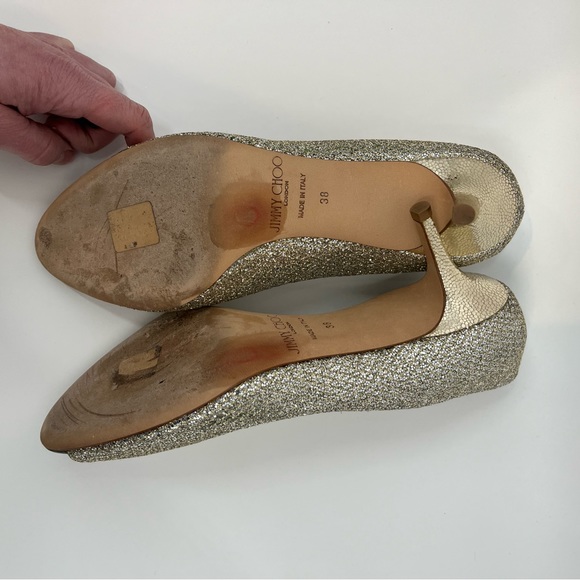 Jimmy Choo Isabel champagne/silver/gold glitter peep toe kitten heel size EU 38 - Picture 7 of 8
